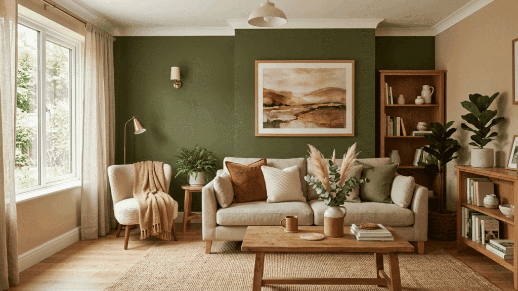 olive green accent wall with beige sofa, wood furniture, and cozy natural styling.
