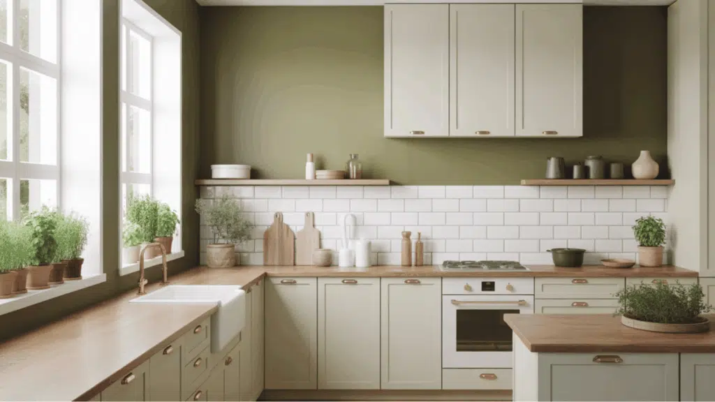 olive green kitchen with white subway tile backsplash and wooden countertops.