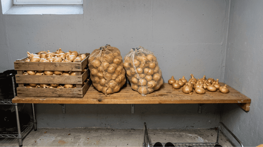 onions stored in a wooden crate, mesh bags, and loose on a shelf in a concrete basement or pantry area