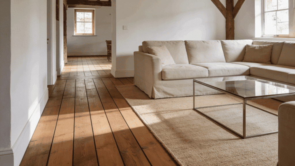 open concept farmhouse room with blue handwoven rug and white sofa