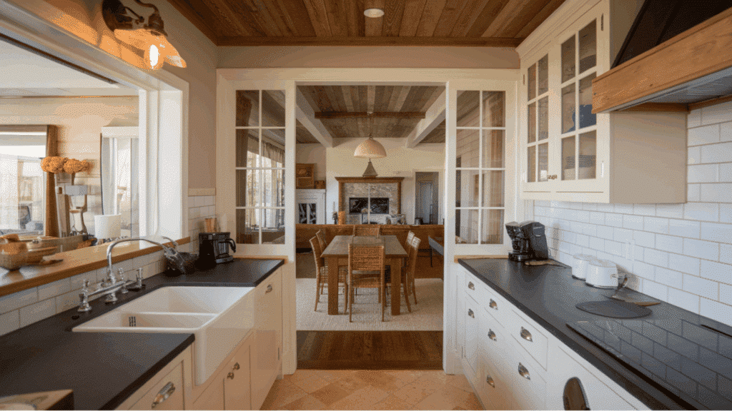 open concept galley kitchen with pass-through window to adjacent living area.