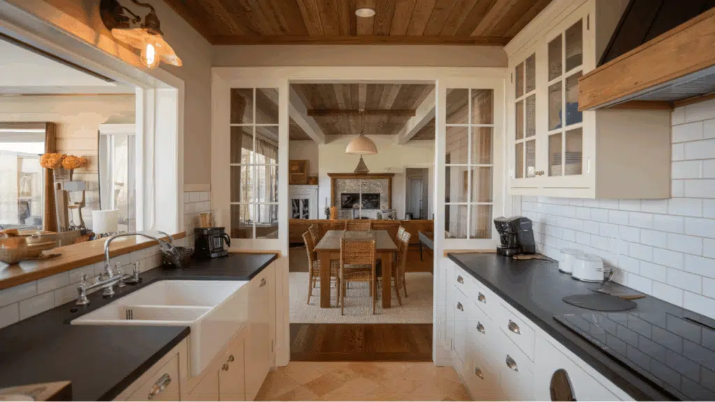 open concept galley kitchen with pass-through window to adjacent living area.