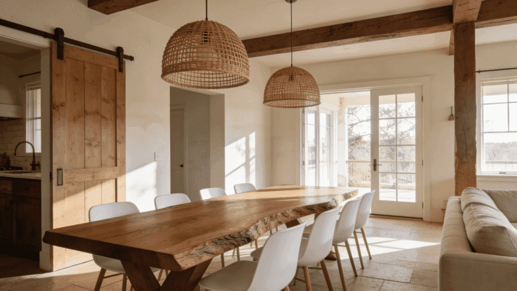 open farmhouse living space with live edge wood dining table