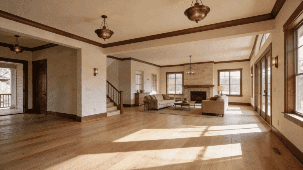 open farmhouse space with light hardwood floors and bronze light fixtures