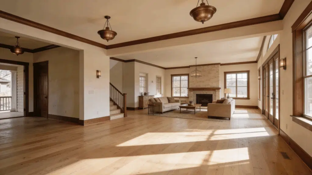 open farmhouse space with light hardwood floors and bronze light fixtures
