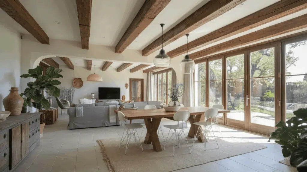 open living and dining space with wooden beams, a large dining table, and natural light from large windows
