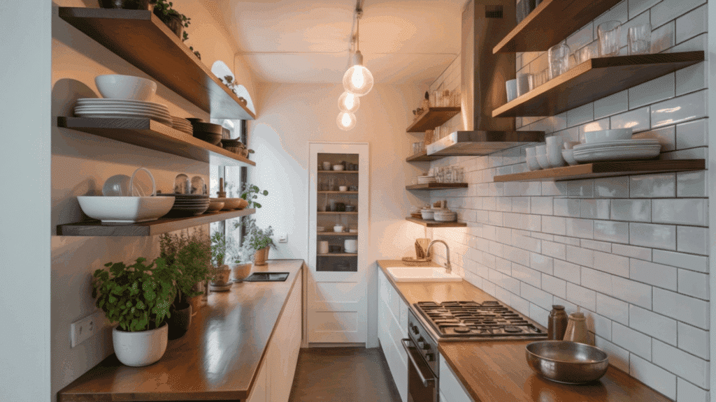 open shelving in a galley kitchen for a modern, airy look with floating shelves.