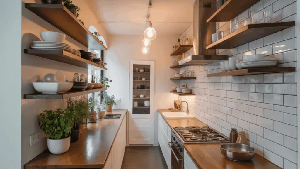 open shelving in a galley kitchen for a modern, airy look with floating shelves.