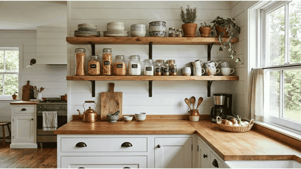 open wooden kitchen shelves with jars, dishes, and plants in modern farmhouse kitchen.