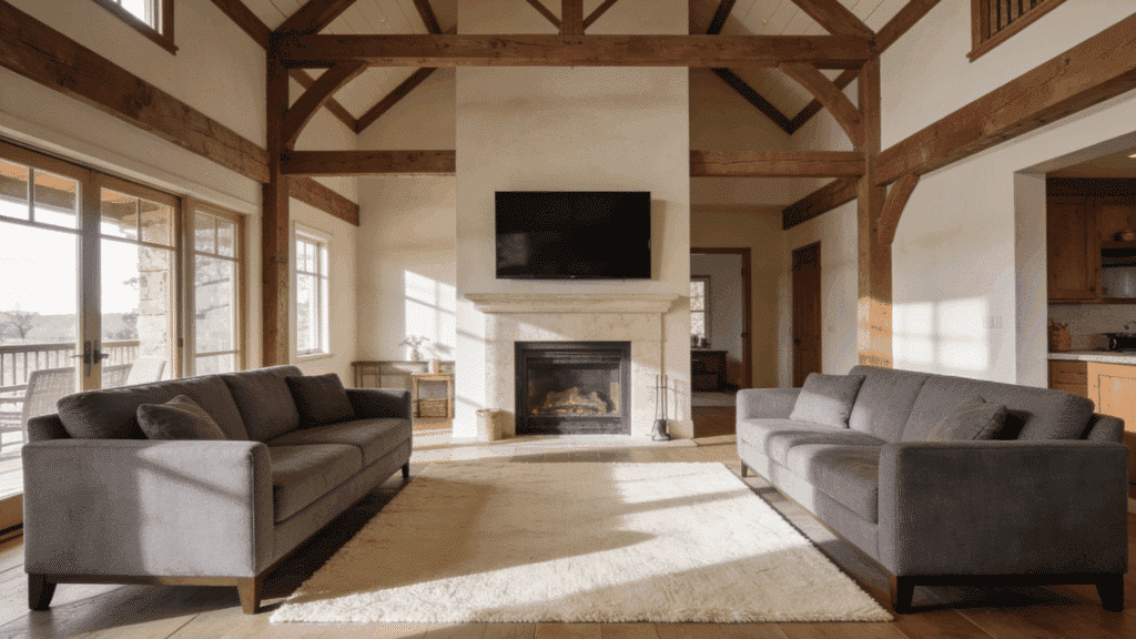 opposing gray sofas facing fireplace with wall-mounted tv in farmhouse room