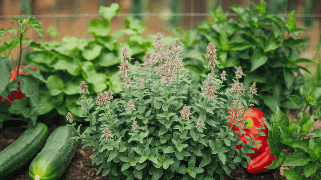 oregano plant with small blooming flowers in a vegetable garden bed helping reduce insect activity near surrounding vegetables