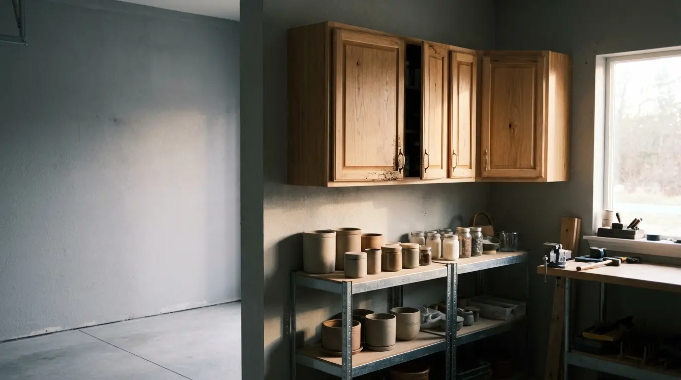 Wooden shelves with jars and pottery in a sunlit workshop with tools scattered nearby