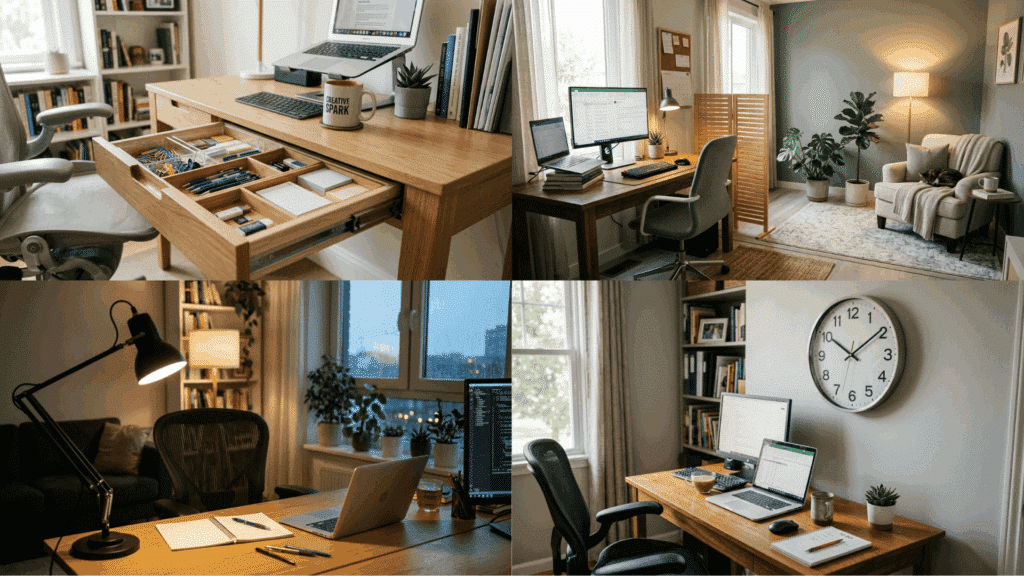 organized home office desks with storage drawers, task lighting, and clean workspace setup.