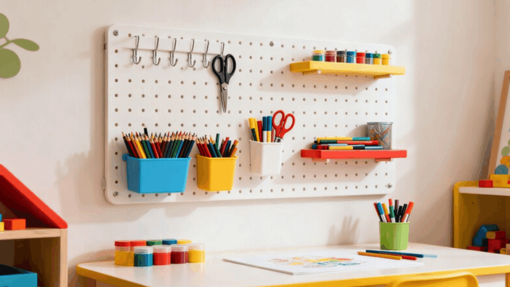 organized kids' art station with colorful pencils, markers, and supplies neatly arranged on pegboard and shelves
