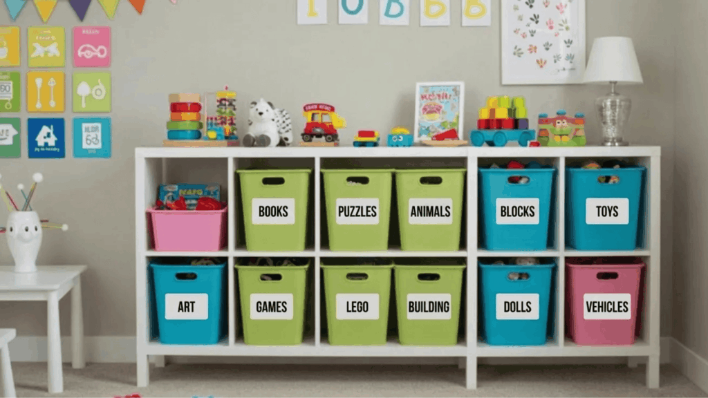 organized kids playroom storage unit with labeled bins for books, puzzles, toys, blocks, dolls, and games creating a tidy play area