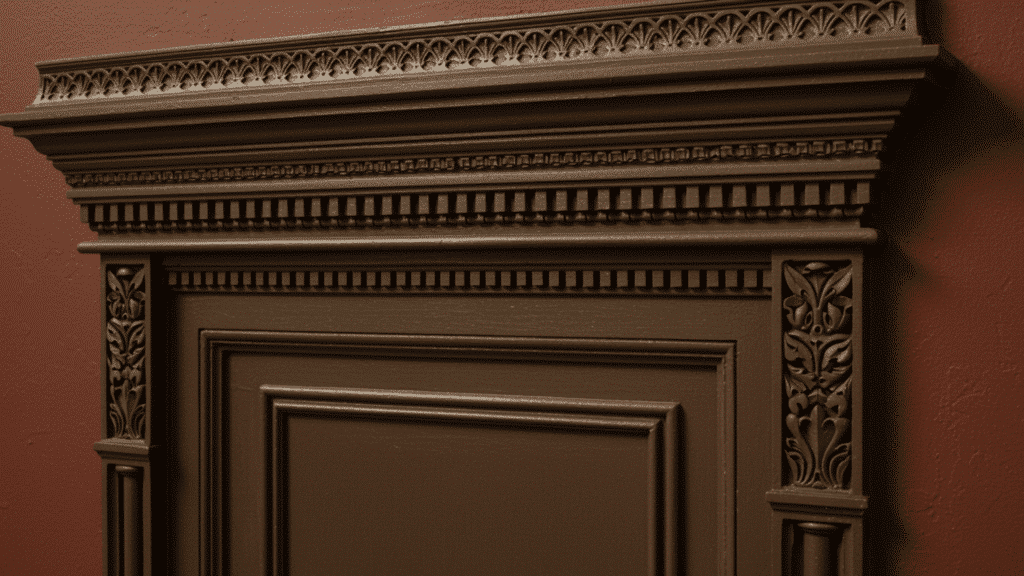 ornate Victorian door casing with intricate carved details and layered trim in a vintage style room