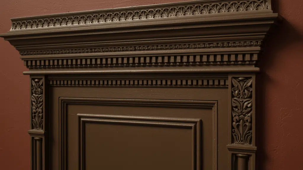 ornate Victorian door casing with intricate carved details and layered trim in a vintage style room