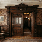 ornate wooden door casing with intricate carvings in a vintage style room featuring patterned wallpaper, classic furniture, and rich wood details