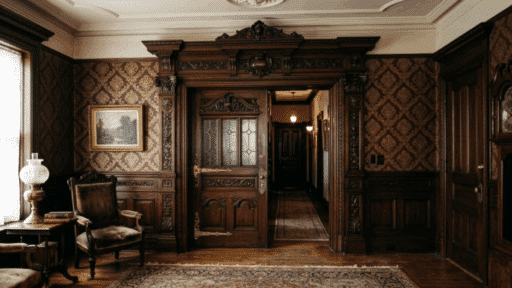 ornate wooden door casing with intricate carvings in a vintage style room featuring patterned wallpaper, classic furniture, and rich wood details