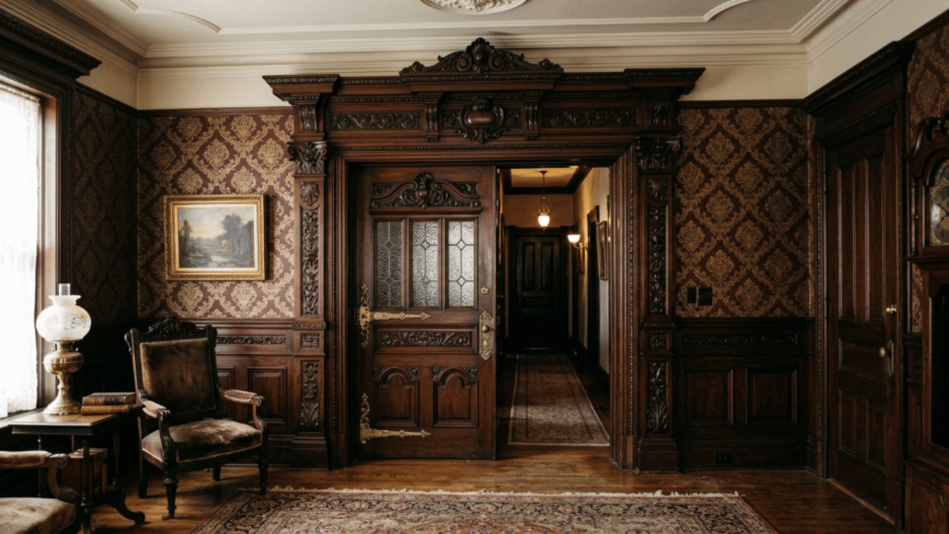 ornate wooden door casing with intricate carvings in a vintage style room featuring patterned wallpaper, classic furniture, and rich wood details