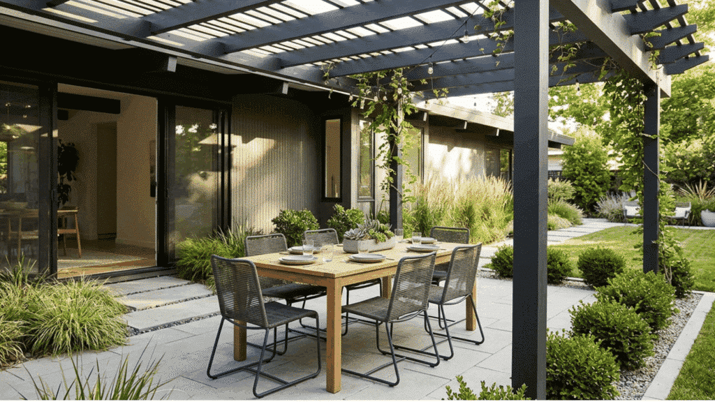 outdoor dining area under pergola with modern patio and landscaped backyard.