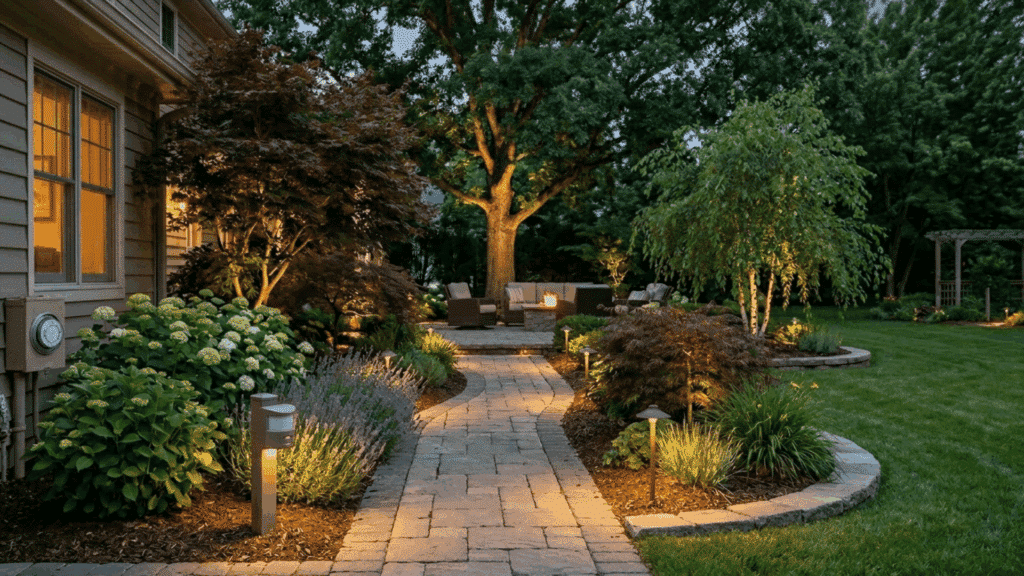 outdoor pathway with automatic lighting, plants, and evening landscape design.