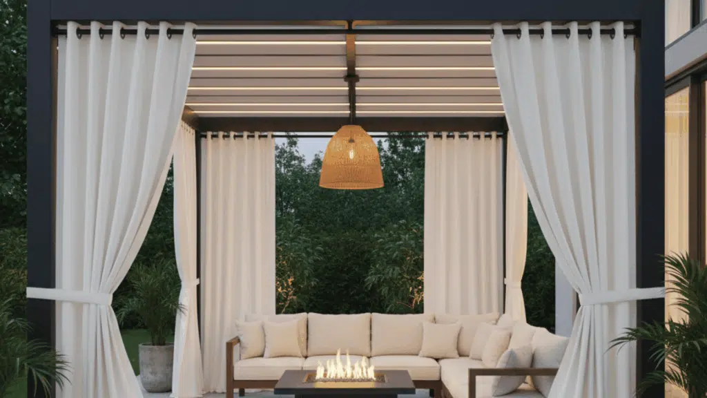 outdoor patio with slide-mounted curtains that provide adjustable privacy and shade for relaxation.