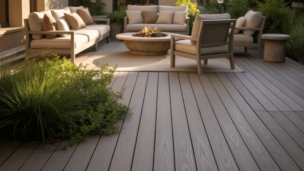 outdoor seating area with a firepit, comfortable cushions, and greenery, set on a smooth wooden deck.