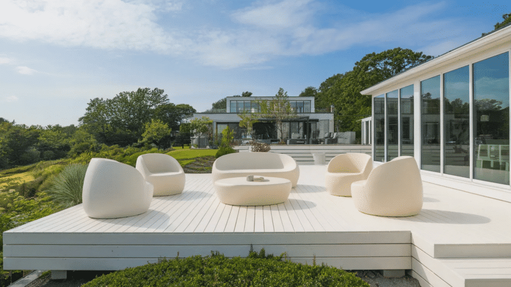 outdoor seating area with white sculptural chairs and a matching table on a wooden deck.
