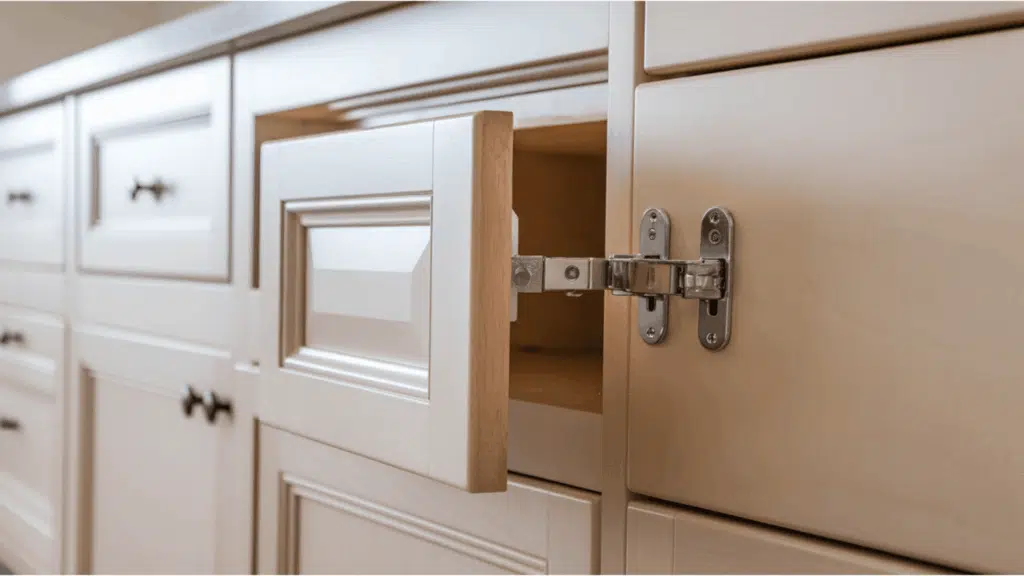 overlay hinge installed on a partially open cream face frame kitchen cabinet showing the full hinge arm and mounting plate
