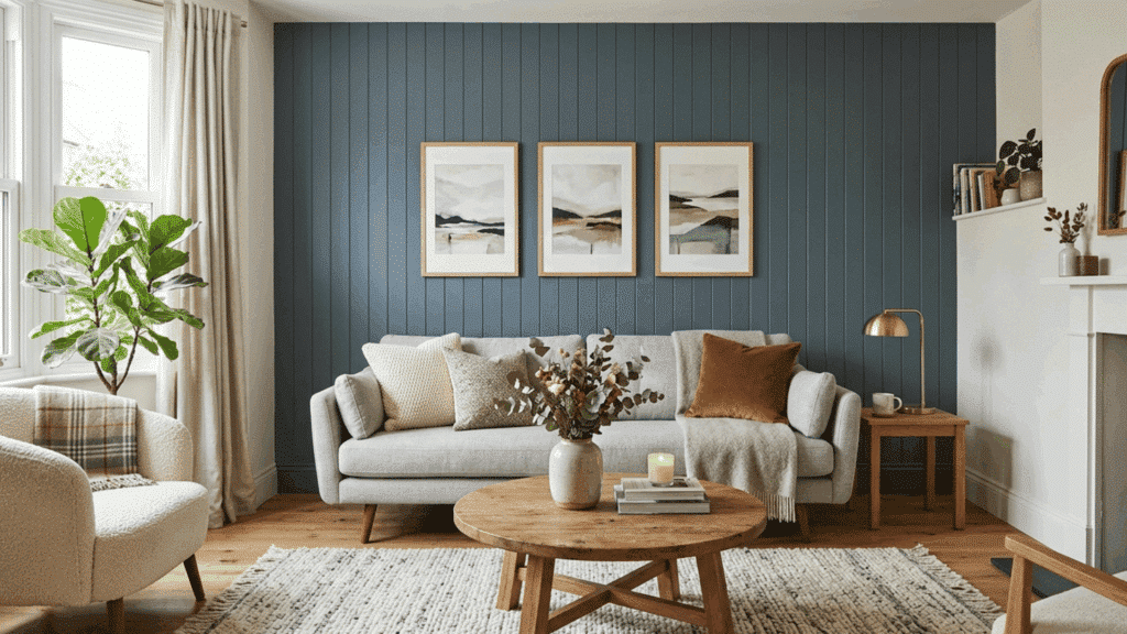 painted panel accent wall with gray sofa, wood decor, and soft neutral tones.