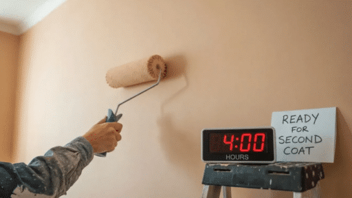 painter applying a coat of interior wall paint with a roller beside a digital timer displaying 4 hours and a sign reading ready for second coat