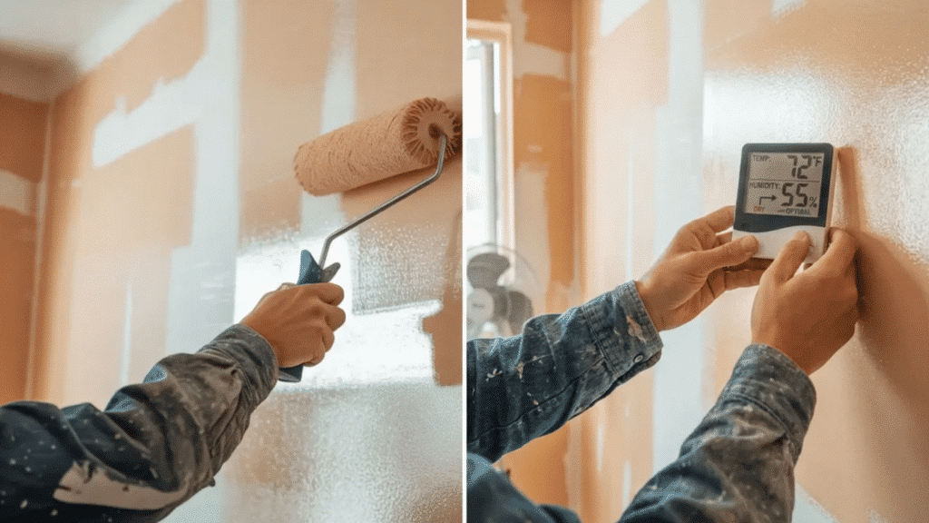 painter applying a fresh coat of paint with a roller on an interior wall while checking indoor temperature and humidity levels with a digital meter to ensure proper drying conditions