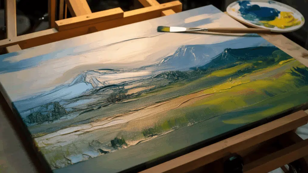 painting a landscape on canvas, with a brush applying layers of paint as part of the drying and recoating process