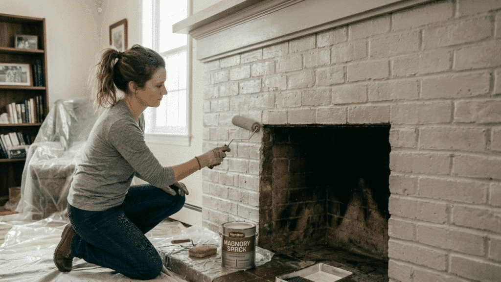 painting brick fireplace with white paint using a roller.