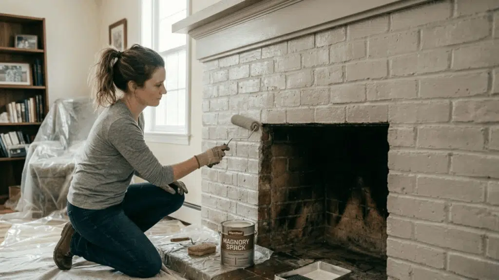 painting brick fireplace with white paint using a roller.