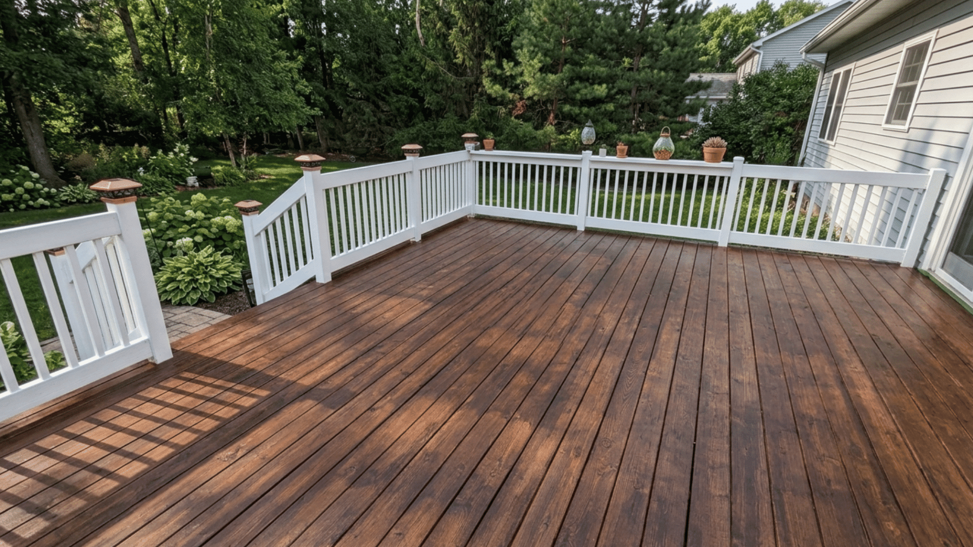 painting pressure treated wood deck with fresh stain finish and white railing in backyard surrounded by trees