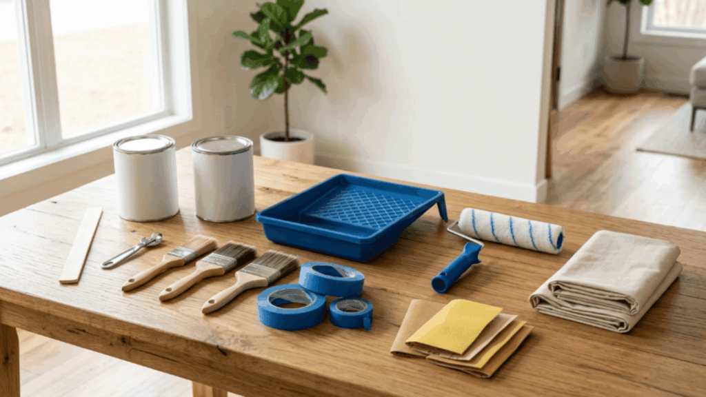 painting tools including rollers brushes tape tray cloth and paint cans arranged neatly on wooden table