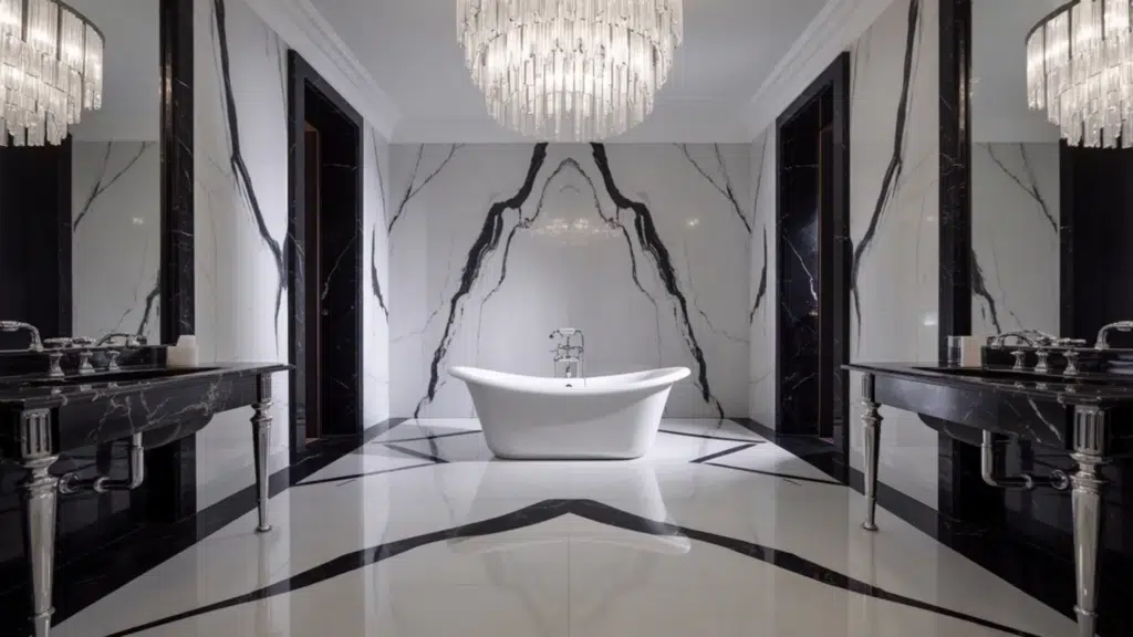 palatial black and white bathroom with marble surfaces, freestanding tub, chandelier lighting, and elegant fixtures creating a luxurious space.