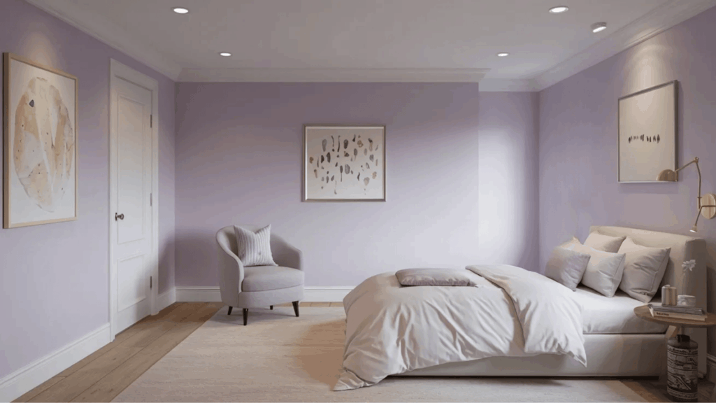 pale lavender basement walls with white trim, soft bedroom setup, neutral furniture, and calming minimal decor
