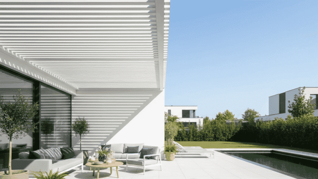 partial pergola over a patio providing shade while allowing more light to enter, offering a balance of openness and protection.