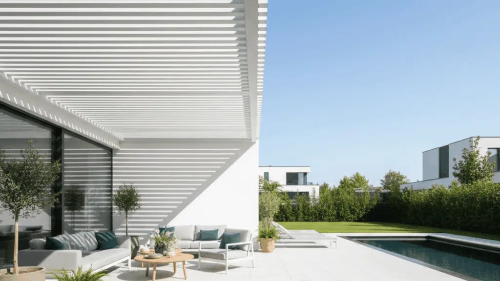 partial pergola over a patio providing shade while allowing more light to enter, offering a balance of openness and protection.