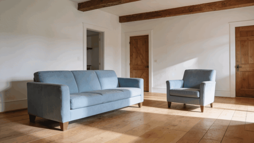 pastel blue seating set in white farmhouse living room with clean lines