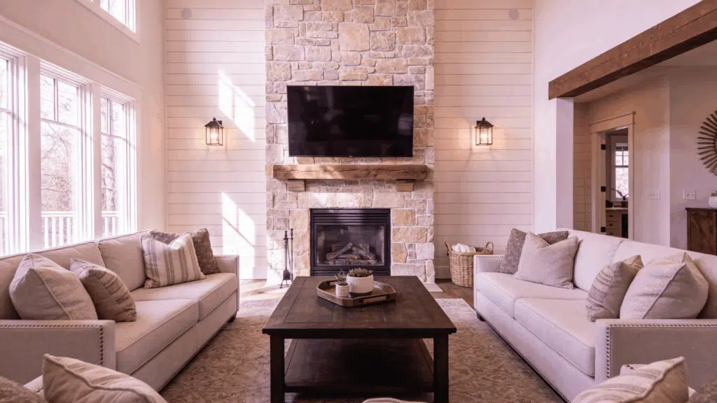 pastel farmhouse living room with dark wood coffee table