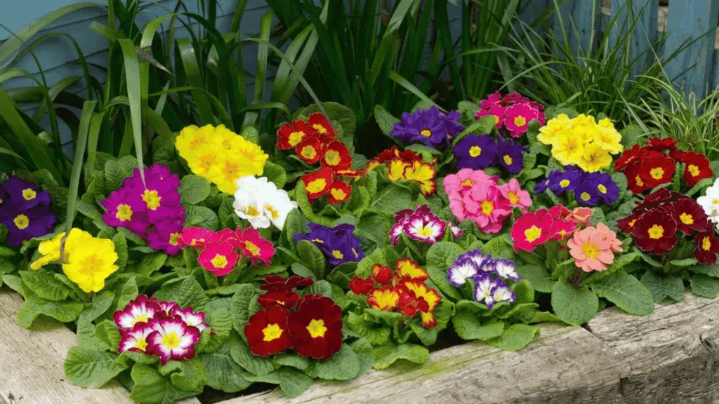 pastel primrose flowers in yellow pink and purple blooming in a fresh early spring garden