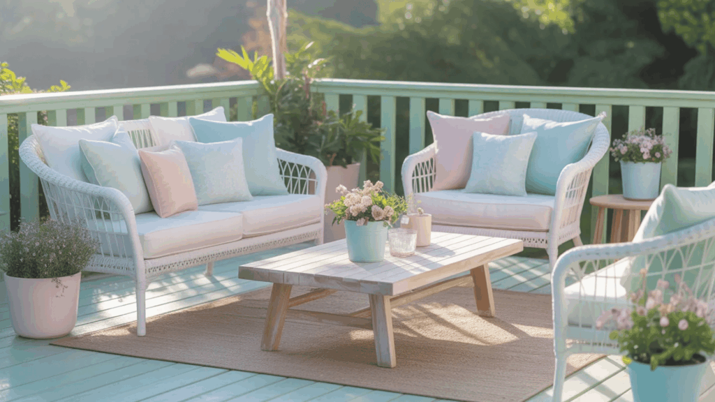 pastel-themed outdoor seating area with wicker chairs, soft cushions, and potted plants.