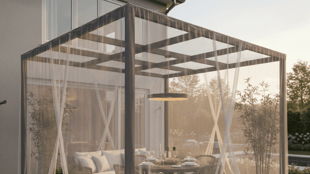 patio covered in mosquito netting to keep insects away, perfect for bug-free outdoor meals and gatherings.