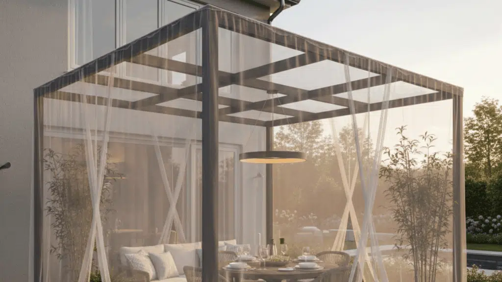 patio covered in mosquito netting to keep insects away, perfect for bug-free outdoor meals and gatherings.