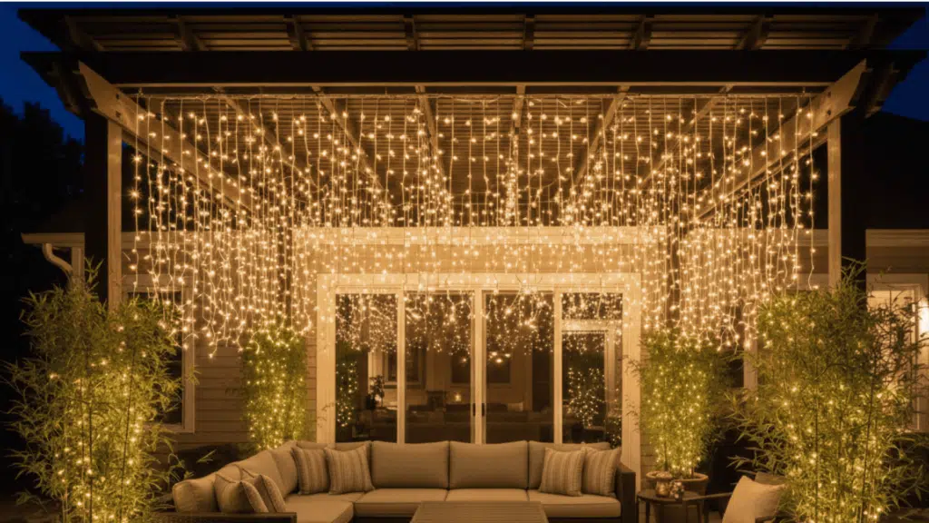 patio decorated with string lights, creating a cozy, magical glow perfect for evening relaxation.
