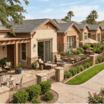patio homes with private courtyards, outdoor seating, and landscaped walkways.